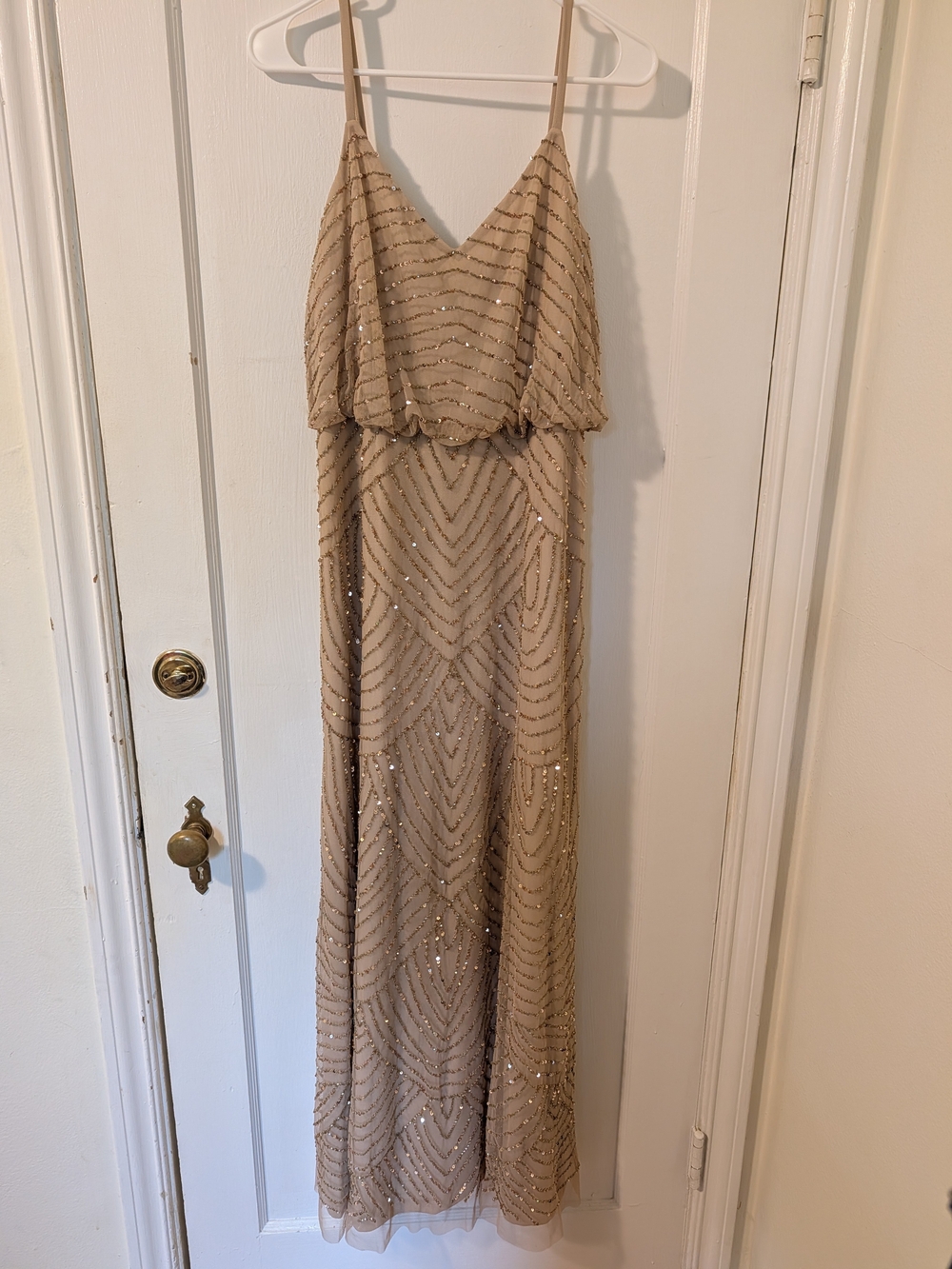 Adrianna Papell Beige Beaded Spaghetti Strap Maxi Dress